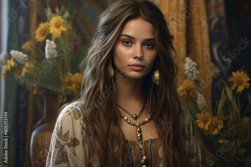 AI-generated non-existing beautiful young brunette woman boho-inspired