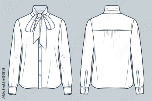 Bow Tie Neck Shirt technical fashion Illustration. Button up Shirt, Blouse fashion flat technical drawing template, cuffed long sleeve, front and back view, white, women CAD mockup..