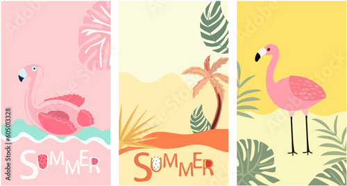 The essence of summertime enjoyment. Background with a seaside landscape, colorful palm leaves, pink flamingo. A of summer themed posters. Vector. 