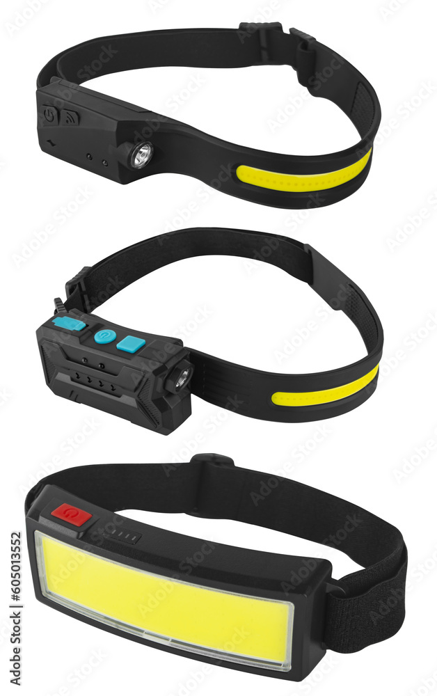 Fototapeta premium LED flashlight, headlamp, white background in insulation