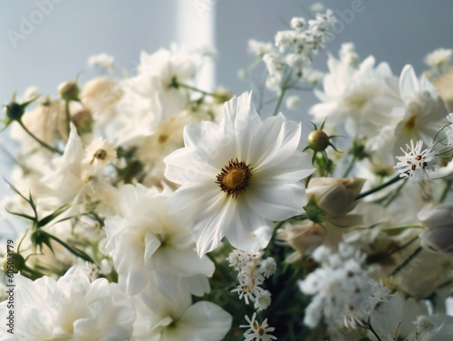 a white bouquet is placed accross a white background