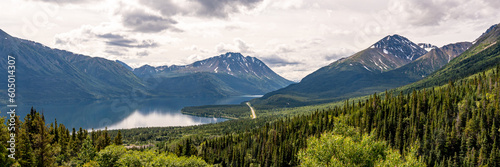 Panoramic views over a wilderness area near Alaska during summer time with bright cloud sk. Beautiful scenic landscape in Yukon British Columbia. 