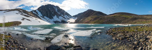 Panoramic shot of glacial lake in northern Canada during summer time on beautiful blue sky day. Large ice chunks in water, creek, river. Paddy Peak, Yukon Territory. 