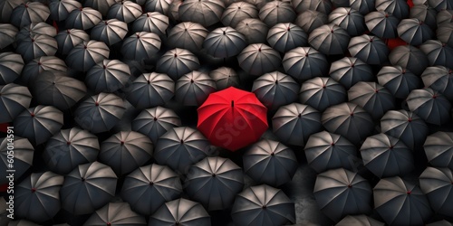 concepts of innovation, creativity, new ideas, change solutions, and distinct vision in business. Standing prominently amidst a sea of black umbrellas, a red umbrella captures attention from a high-an