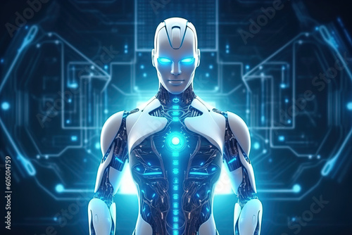 white robot with glowin parts over a ai background