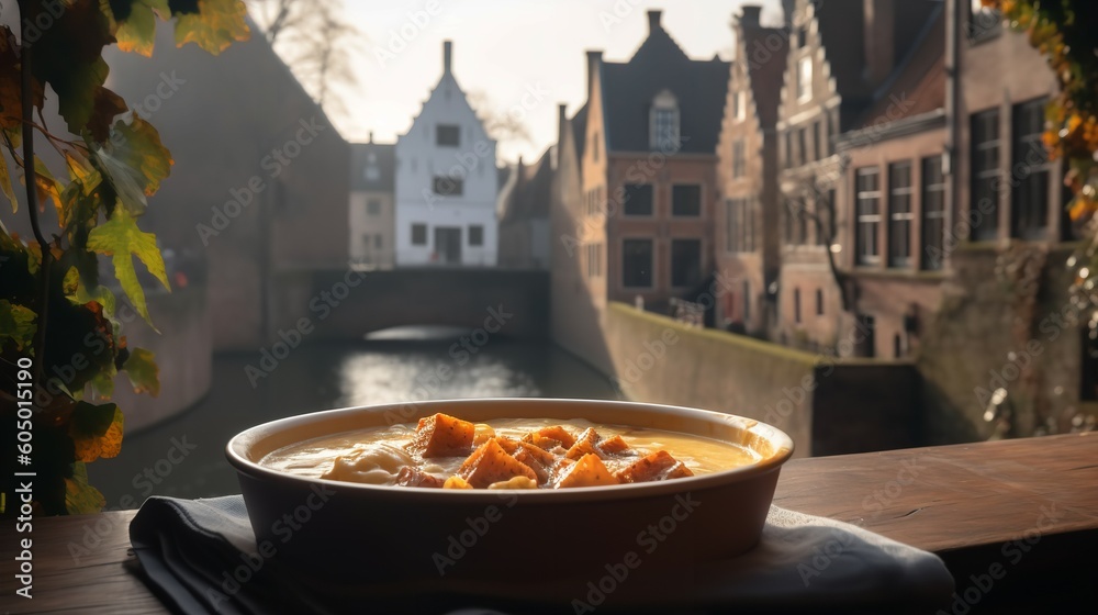 Fototapeta premium Belgian Waterzooi in a Historic Bruges Setting