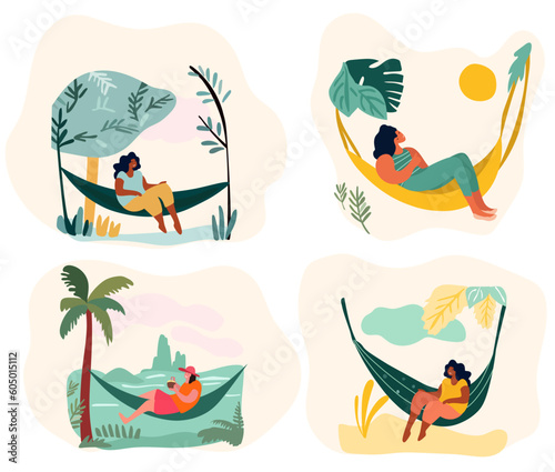 Ladies unwinding by the seaside. Females lounging in beachside hammocks, delighting in the warmth of the outdoor sun. A depiction of a holiday atmosphere. Vector illustration