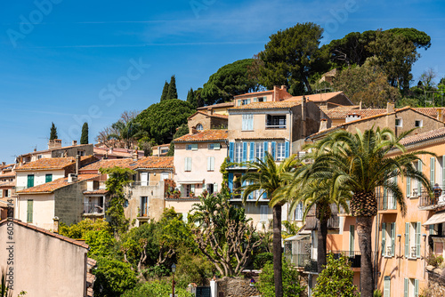 View of the hilltop town of Bormes les Mimosas in the south of France