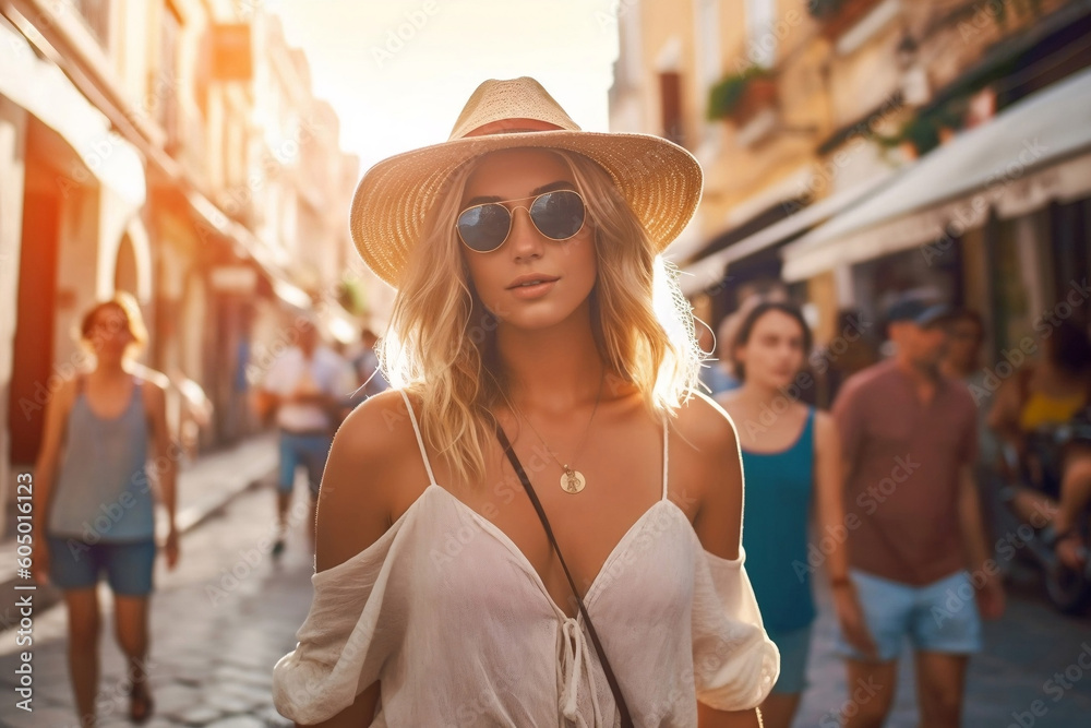 Young adult blond woman on vacation, side street with many people or tourists, fictional place like a European country. Generative AI