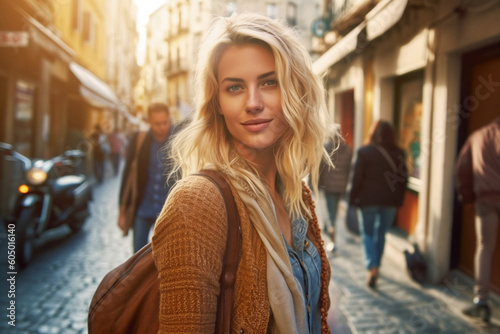 Wallpaper Mural Young adult blond woman on vacation, side street with many people or tourists, fictional place like a European country. Generative AI Torontodigital.ca