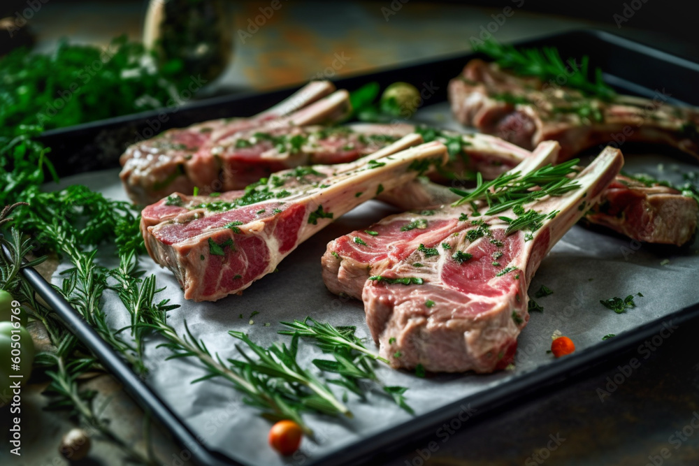Raw fresh meat steaks on the bone with variety of green herbs and spices. Prime raw racks of lamb, raw lamb meat or fresh tomahawk steak. Generative AI