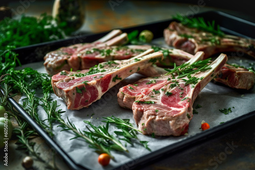 Raw fresh meat steaks on the bone with variety of green herbs and spices. Prime raw racks of lamb, raw lamb meat or fresh tomahawk steak. Generative AI