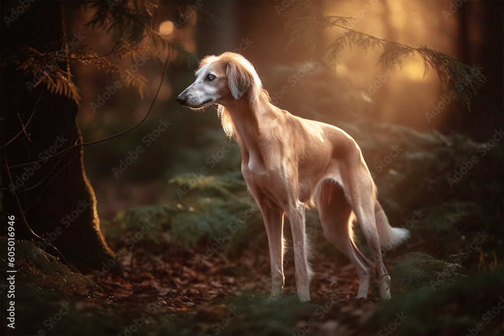 Long haired Saluki dog in forest. Generative AI illustration Long haired Saluki dog in forest. Generative AI illustration