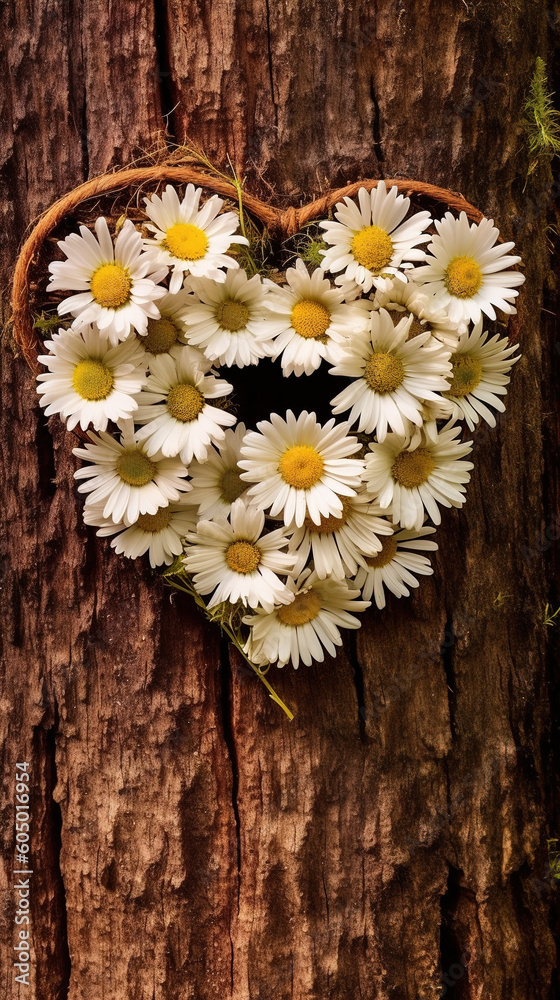 Obraz premium Daisies arranged on a tree in the shape of a heart. Showing love. Ai generative
