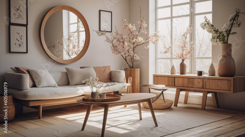 Elegant And Modern Scandinavian Living Room, Floral, Spring, Cozy, Chic, Interior