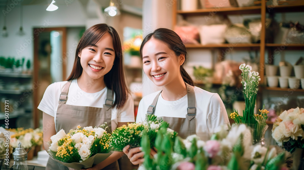 Two young smiling asian women florists entrepreneurs making a bouquet of mixed flowers in the floral shop. Generative Ai technology.