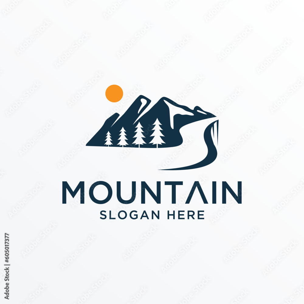 Landscape Hills minimalist, Mountain logo with trees and road vector template. Landscape Hills minimalist, Mountain logo with trees and road vector template.