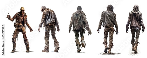 Set of zombie man in different poses isolated on white background. Halloween concept