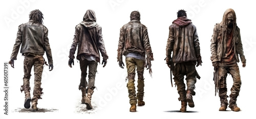 set of zombies, zombie, several angles, action pose, horror, walking, walking away, attack, walking dead, undead, torn, wounds, tattered clothes, torn clothes, woman, man, mask, blood, fantasy, collec