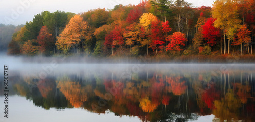 a forest and lake are framed by colorful autumn trees