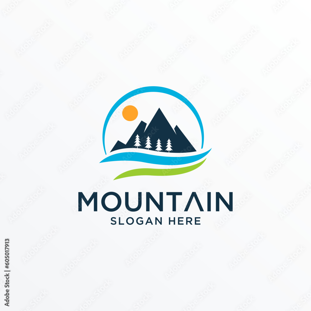 Fototapeta premium Landscape Hills minimalist, Mountain logo with trees and river vector template.