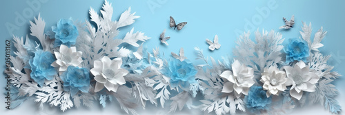 Beautiful paper art white and pastel blue flowers and butterflies on blue backdrop. Floristic decoration. Natural floral background. Created with generative Ai