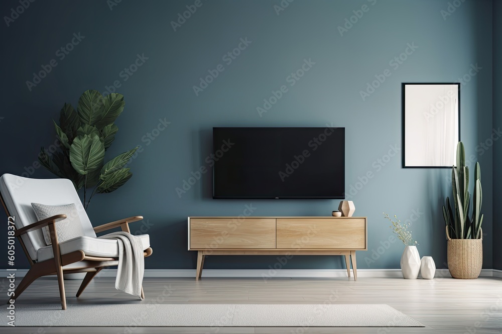 Interior of a living room with a chair and a television against a blank blue wall. Generative AI Interior of a living room with a chair and a television against a blank blue wall. Generative AI