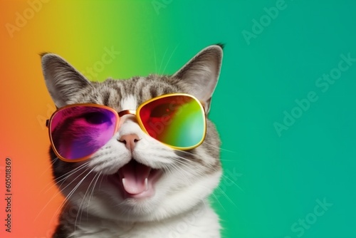 fashion portrait colourful animal cat sunglasses cute neon pet funny. Generative AI.