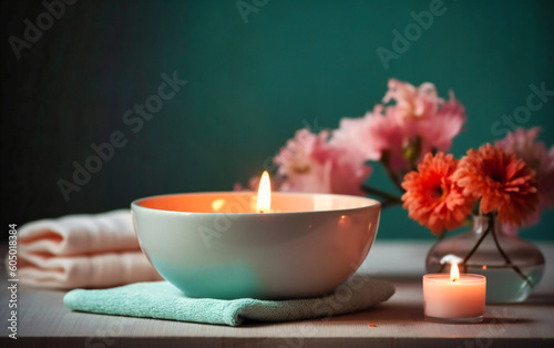 a spa in a white bowl  pink flowers  a candle  and a towel
