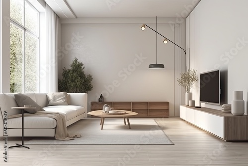 Interior of a light living room with a huge sofa  coffee table  sideboard  lamp  and parquet floor. simple design idea for relaxing. a mockup. Generative AI