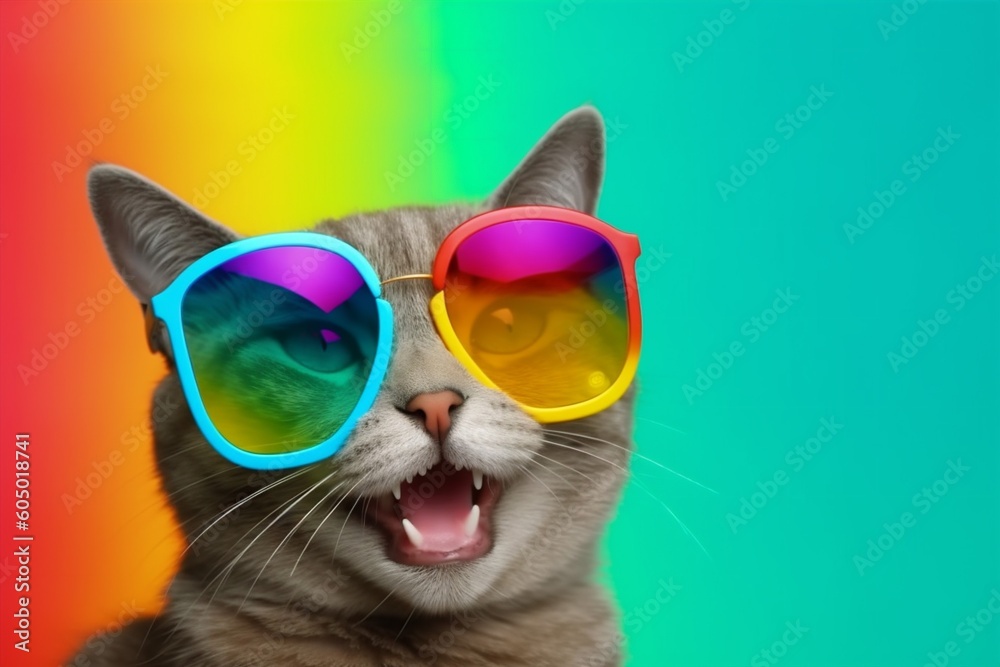 portrait colourful pet fashion animal sunglasses cat funny cute neon. Generative AI.