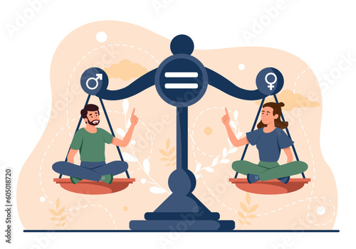 Gender equality concept. Man and woman sit on scales. Tolerance and respect, unity. Democratic society and feminism, equality and balance. Cartoon flat vector illustration