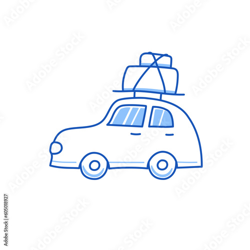 Road trip car doodle. Hand drawn sketch doodle style trip car with luggage. Blue pen line stroke isolated element. Travel, trip concept. Vector illustration.