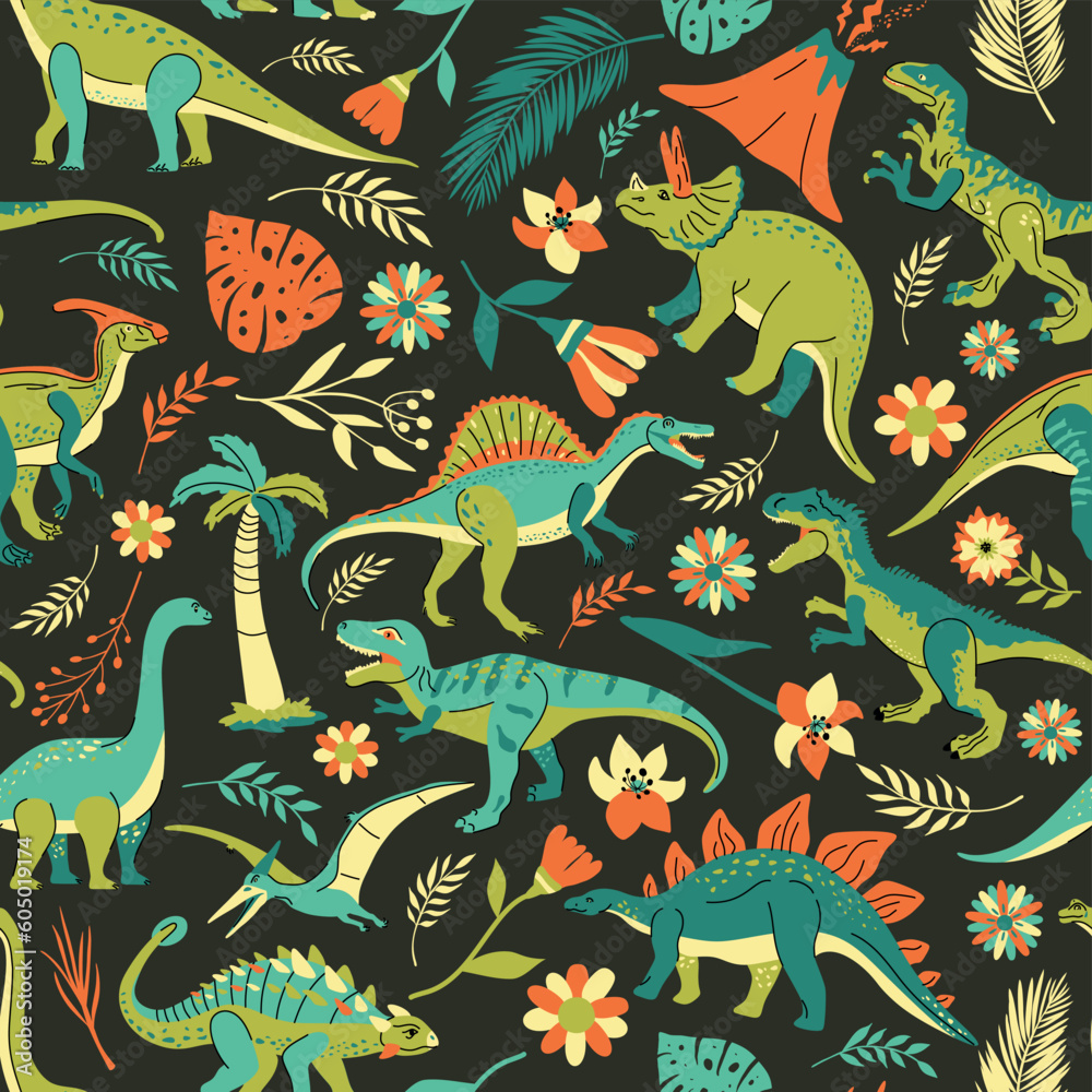 Seamless pattern with bright dinosaurs and green plants including T-rex, Brontosaurus, Triceratops, Velociraptor, Pteranodon, Allosaurus, etc. Isolated on dark background Seamless pattern with bright dinosaurs and green plants including T-rex, Brontosaurus, Triceratops, Velociraptor, Pteranodon, Allosaurus, etc. Isolated on dark background
