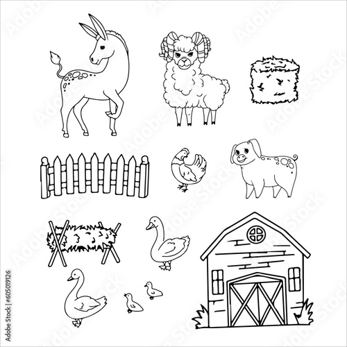 Sheep, Cow, Goat and Pig. Farm animals and buildings. Hay. Tractor. Barn. Cattle breeding Vector illustration isolated on white background.