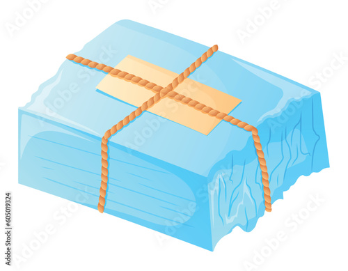 A bar of homemade blue fragrant soap tied with a rope. Vector isolated cartoon illustration of cosmetic hygiene product.