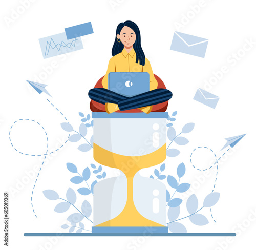 Woman on hourglass. Young girl sitting with laptop and working. Organization of effective workflow and time management. Hardworking entrepreneur or employee. Cartoon flat vector illustration