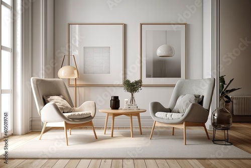 Interior of a light living room with a white poster that is blank, two cozy grey armchairs, a chair, coffee table with a book, carpet, and parquet flooring. ideal location for waiting Generative AI