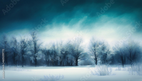 a snow covered grass and trees on white background with blurred © SK