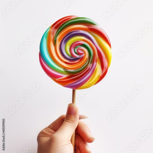 Rainbow-colored swirly lollipop held in a hand - Generative AI