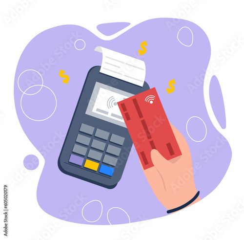 Payment by card. ATM terminal and NFC. Electronic commerce, cashless transfers and transactions, payment for goods in store or shop. Contactless payment system. Cartoon flat vector illustration