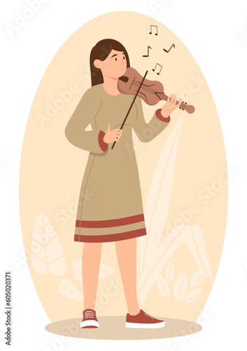 Woman playing violin. Young girl in dress stands with musical instrument and bow in her hands. Creativity and art. Musician performing or rehearsing. Cartoon flat vector illustration