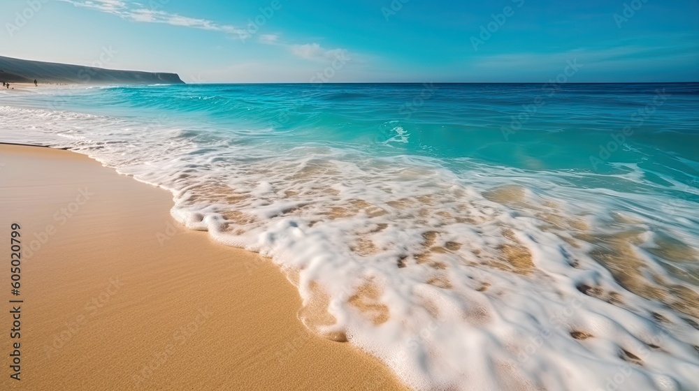 Soft turquoise blue ocean wave on the golden sandy beach. Generative ai
