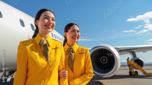 Two smiling air hostesses in yellow suit standing in front of airplane entrance under blue sky. Generative AI AIG21. photo