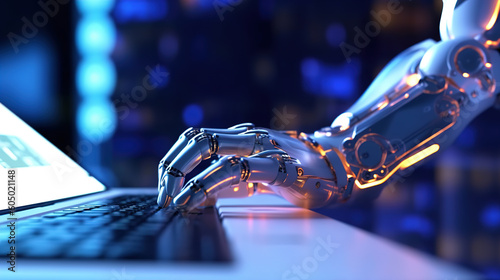 Robot hand typing on the computer. The concept of artificial intelligence replacing a human in dealing with another human. Ai generative © Ewa