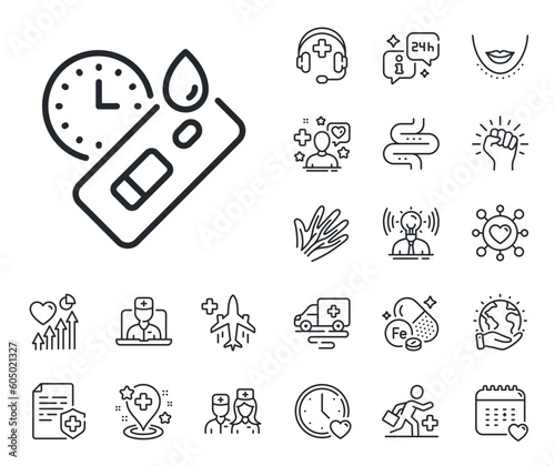 Coronavirus testing sign. Online doctor, patient and medicine outline icons. Express Covid test line icon. Blood test tube symbol. Covid test line sign. Vector