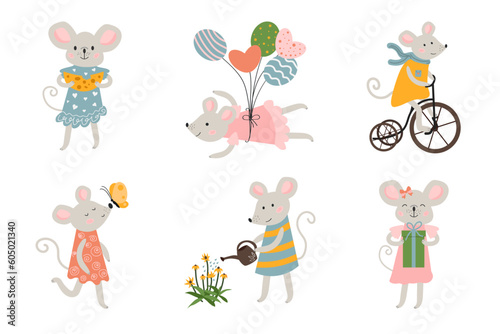 Vector set with cute mice. Adorable gray mice. Mouse flying on balloons, watering flowers, eating cheese. Cartoon gray mouse in a beautiful dress. White isolated background. 
