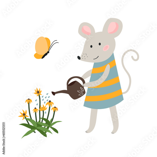 Cute vector mouse watering flowers. Summer and spring themes. Adorable children's vector illustration. White isolated background. 