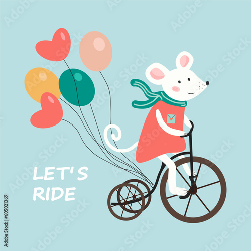 Cute mouse riding a bike with balloons. Cartoon vector illustration with white mouse. Hand-drawn children's illustration. Print for postcard, prints, t-shirts. Lettering Let's ride. Blue isolated back