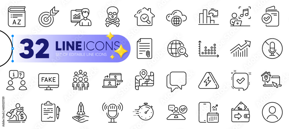 Outline set of Verification document, Crowdfunding and Outsource work line icons for web with Wallet, Confirmed, Talk bubble thin icon. Timer, Fake news, Microphone pictogram icon. Vector